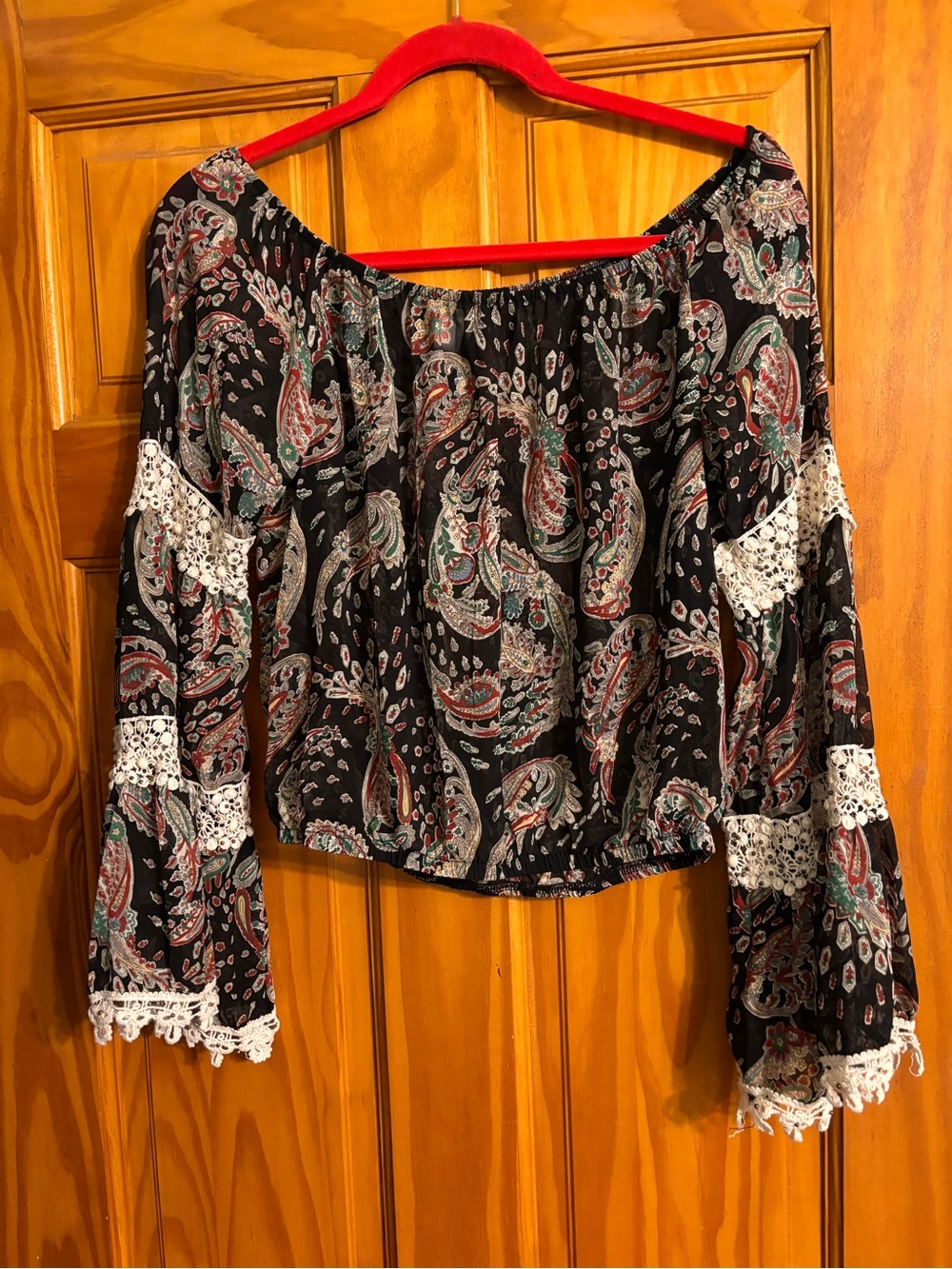 Antique Black Paisley Off-Shoulder Top with White Lace lots of detail on sleeve